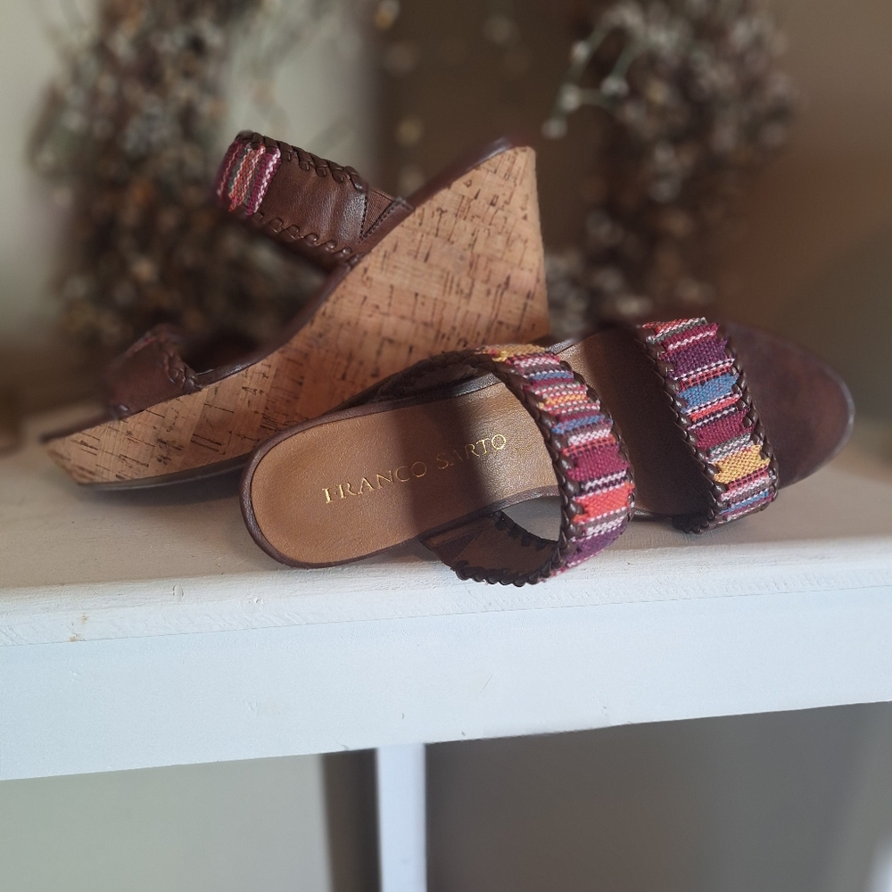 Franco Sarto Brown Cork Wedge Sandals with Multicolor Straps